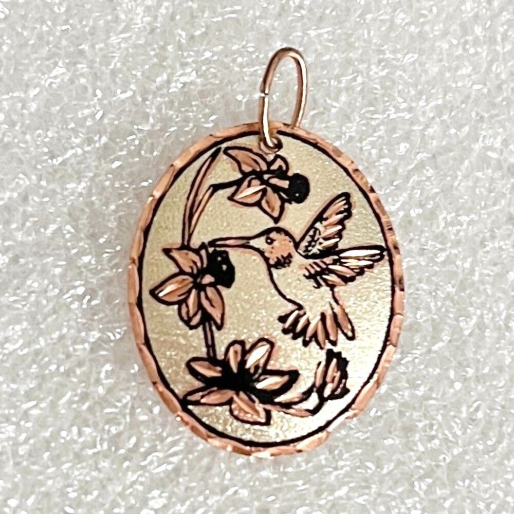 Copper Hummingbird Pendant Charm Oval Handmade Diamond Cut Wearable Art Bird